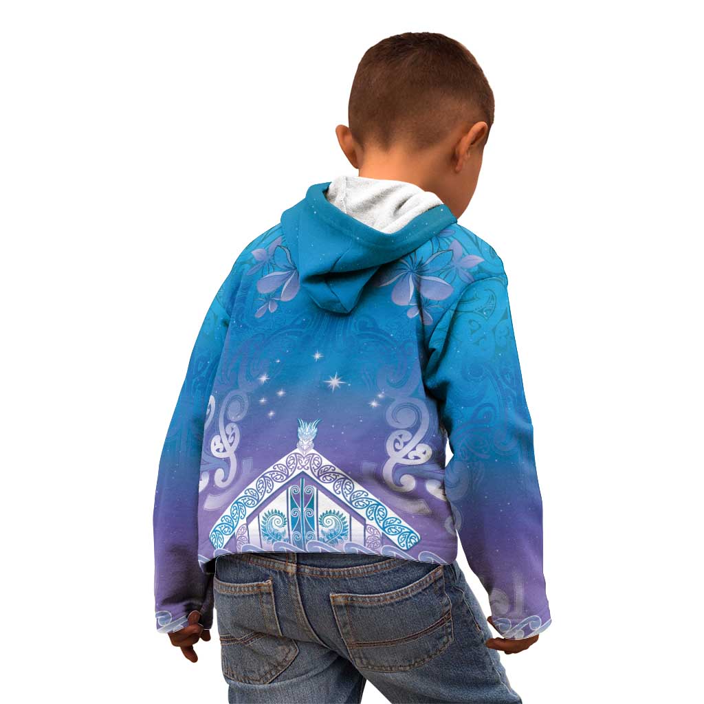 New Zealand Matariki Kid Hoodie Maori Marae Cyan Galaxy