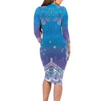 New Zealand Matariki Long Sleeve Bodycon Dress Maori Marae Cyan Galaxy LT05 - Polynesian Pride