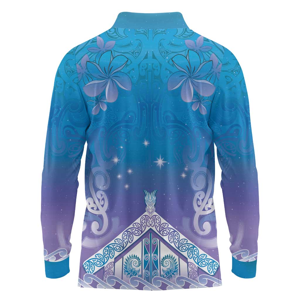 New Zealand Matariki Long Sleeve Polo Shirt Maori Marae Cyan Galaxy