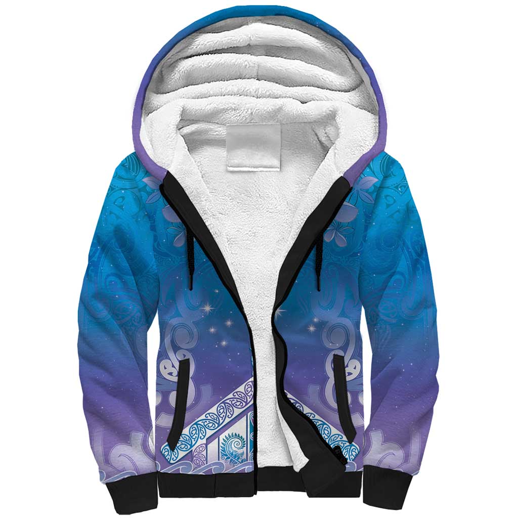 New Zealand Matariki Sherpa Hoodie Maori Marae Cyan Galaxy