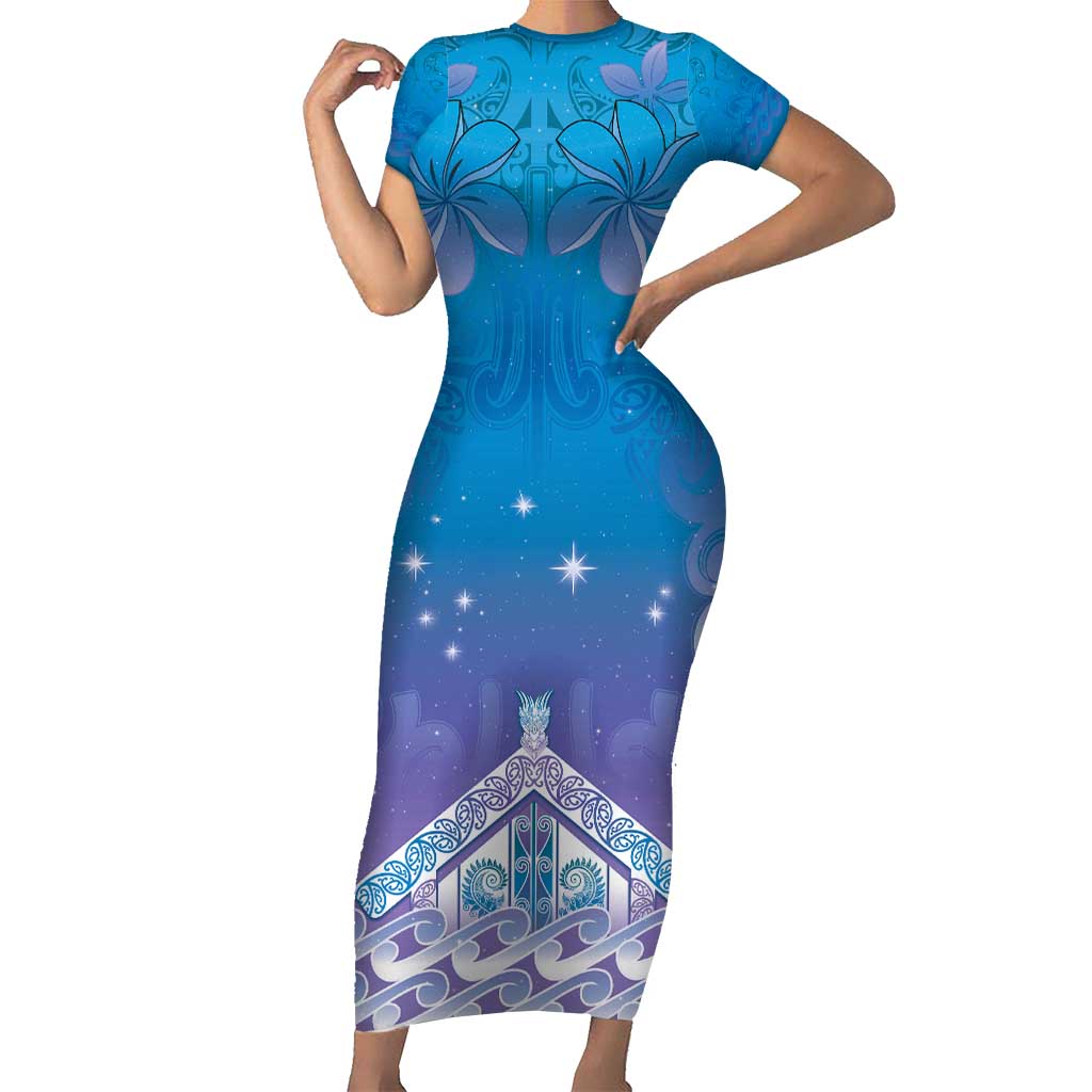 New Zealand Matariki Short Sleeve Bodycon Dress Maori Marae Cyan Galaxy LT05 Long Dress Cyan - Polynesian Pride