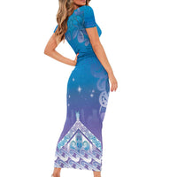 New Zealand Matariki Short Sleeve Bodycon Dress Maori Marae Cyan Galaxy LT05 - Polynesian Pride
