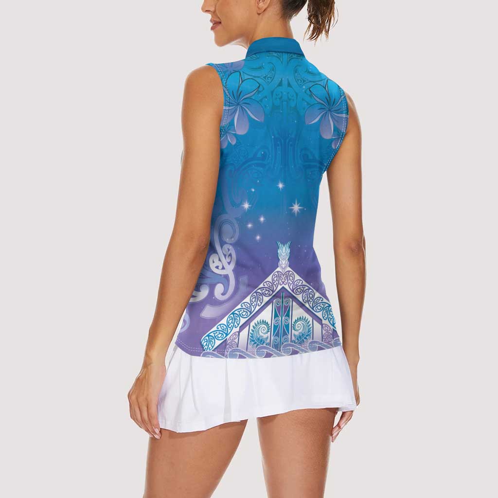 New Zealand Matariki Women Sleeveless Polo Shirt Maori Marae Cyan Galaxy LT05 - Polynesian Pride