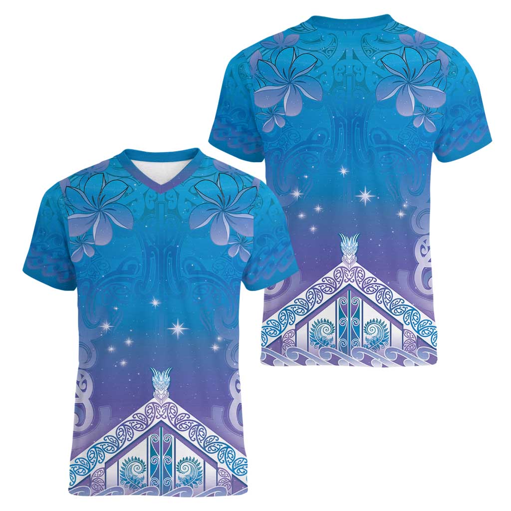 New Zealand Matariki Women V-Neck T-Shirt Maori Marae Cyan Galaxy LT05 - Polynesian Pride