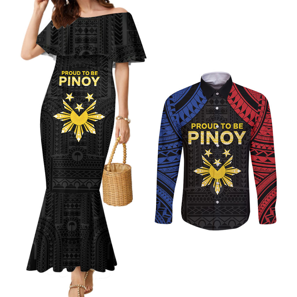 Philippines Independence Day Couples Matching Mermaid Dress and Long Sleeve Button Shirt Proud To Be Pinoy LT05 Black - Polynesian Pride
