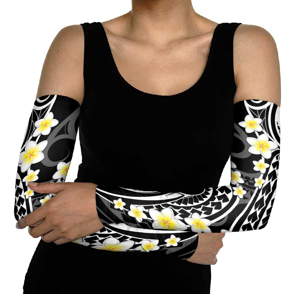 Plumeria With Black Polynesian Tattoo Pattern Arm Sleeves - Polynesian Pride