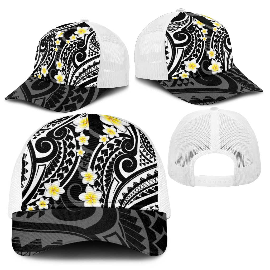 Plumeria With Black Polynesian Tattoo Pattern Baseball Net Cap - Polynesian Pride