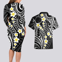 Plumeria With Black Polynesian Tattoo Pattern Couples Matching Long Sleeve Bodycon Dress and Hawaiian Shirt