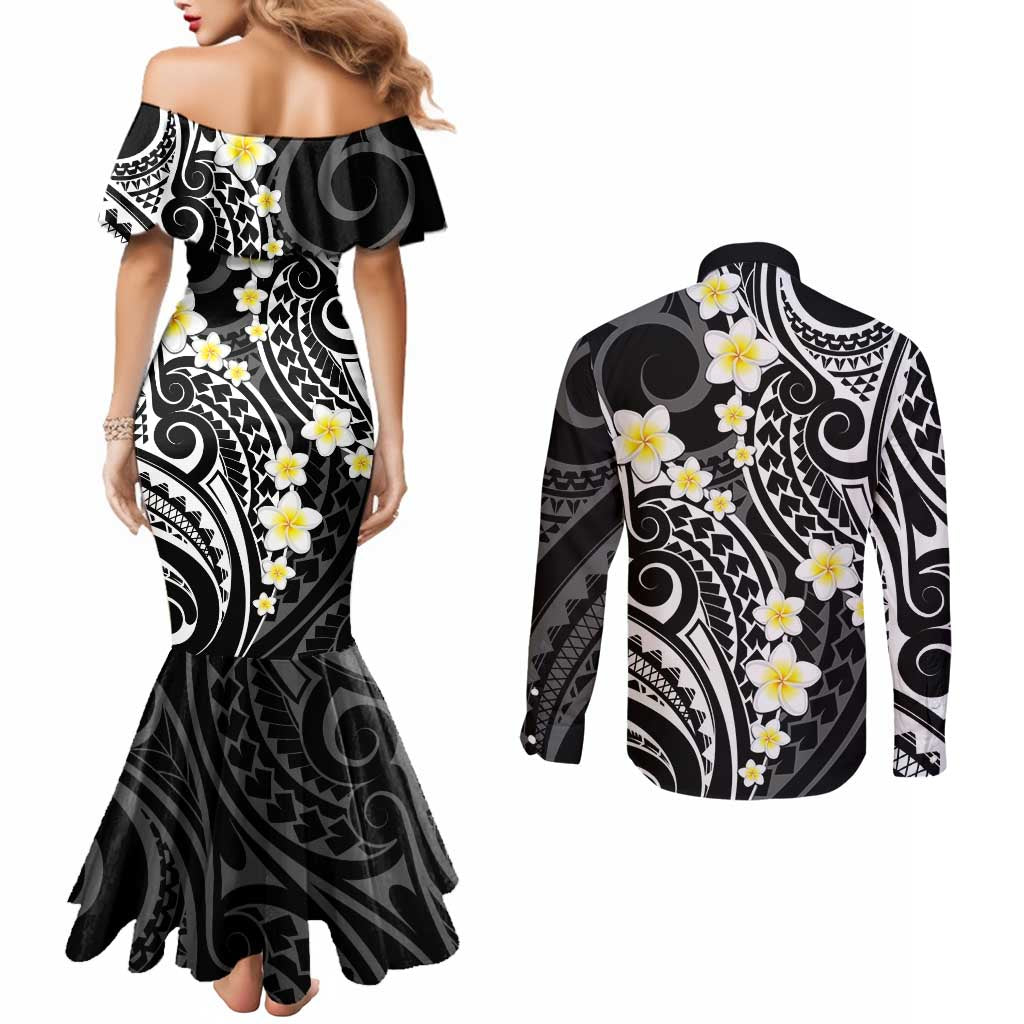 Plumeria With Black Polynesian Tattoo Pattern Couples Matching Mermaid Dress and Long Sleeve Button Shirt