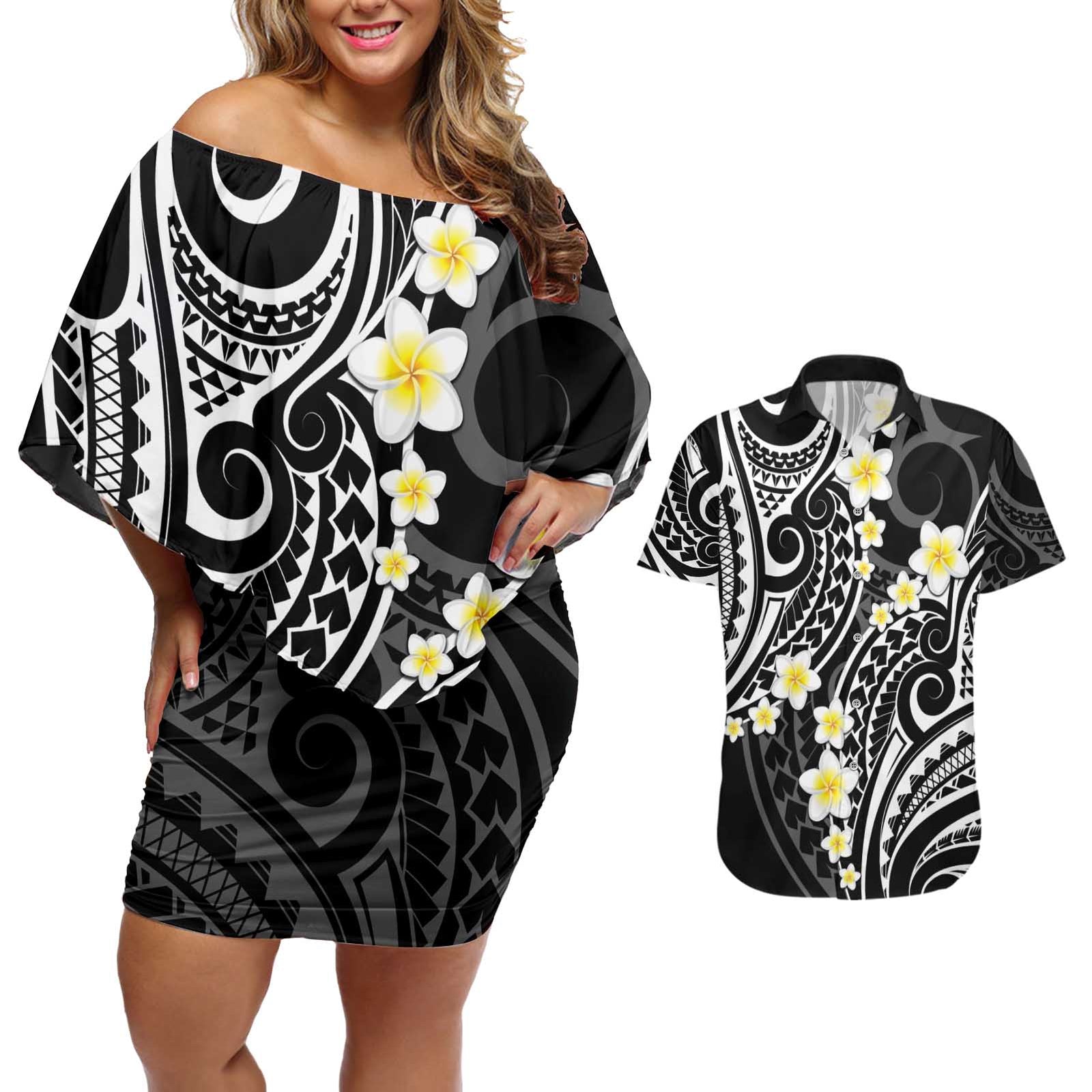 Plumeria With Black Polynesian Tattoo Pattern Couples Matching Off Shoulder Short Dress and Hawaiian Shirt