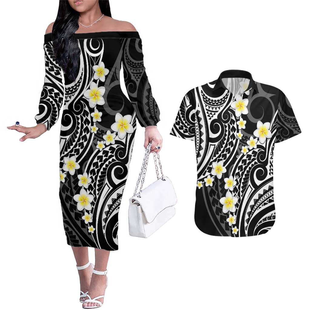 Plumeria With Black Polynesian Tattoo Pattern Couples Matching Off The Shoulder Long Sleeve Dress and Hawaiian Shirt