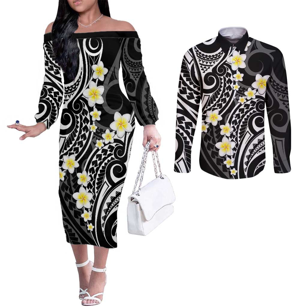 Plumeria With Black Polynesian Tattoo Pattern Couples Matching Off The Shoulder Long Sleeve Dress and Long Sleeve Button Shirt