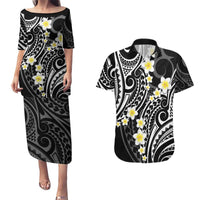 Plumeria With Black Polynesian Tattoo Pattern Couples Matching Puletasi and Hawaiian Shirt