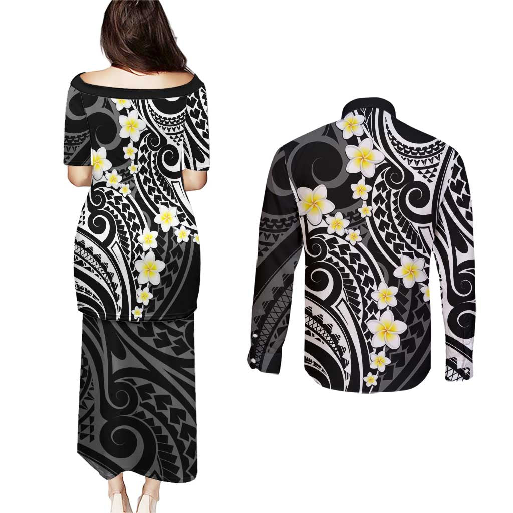 Plumeria With Black Polynesian Tattoo Pattern Couples Matching Puletasi and Long Sleeve Button Shirt