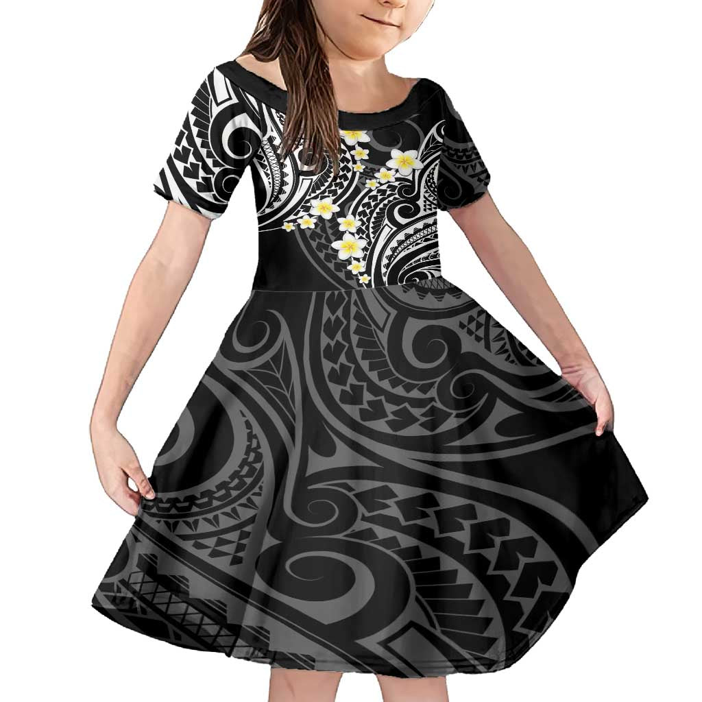 Plumeria With Black Polynesian Tattoo Pattern Family Matching Long Sleeve Bodycon Dress and Hawaiian Shirt