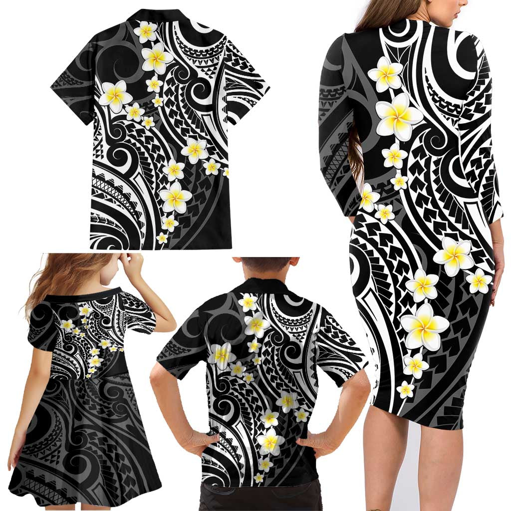 Plumeria With Black Polynesian Tattoo Pattern Family Matching Long Sleeve Bodycon Dress and Hawaiian Shirt