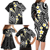 Plumeria With Black Polynesian Tattoo Pattern Family Matching Long Sleeve Bodycon Dress and Hawaiian Shirt