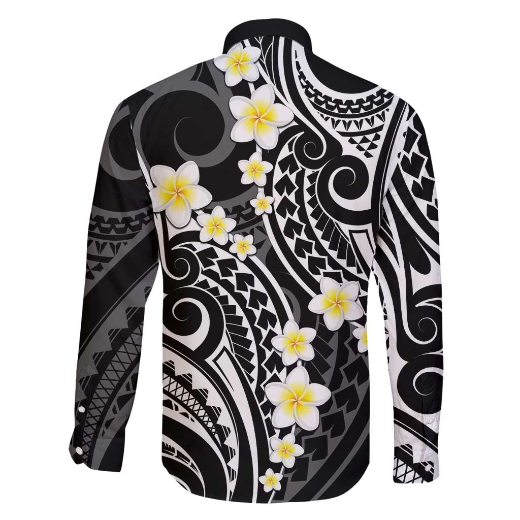 Plumeria With Black Polynesian Tattoo Pattern Family Matching Long Sleeve Bodycon Dress and Hawaiian Shirt