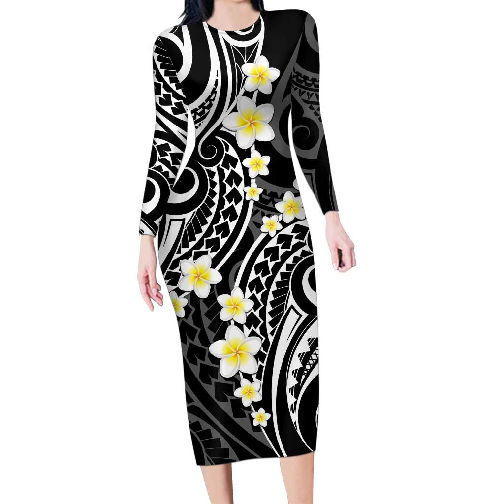Plumeria With Black Polynesian Tattoo Pattern Family Matching Long Sleeve Bodycon Dress and Hawaiian Shirt