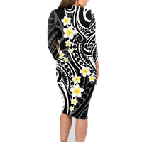 Plumeria With Black Polynesian Tattoo Pattern Family Matching Long Sleeve Bodycon Dress and Hawaiian Shirt