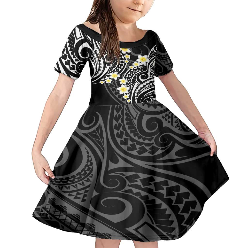 Plumeria With Black Polynesian Tattoo Pattern Family Matching Mermaid Dress and Hawaiian Shirt LT05 Daughter's Dress Black - Polynesian Pride