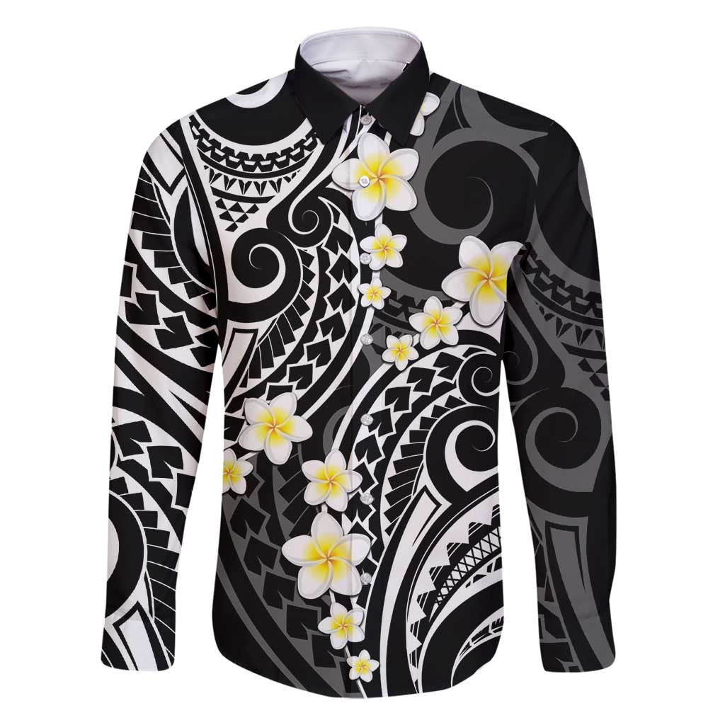Plumeria With Black Polynesian Tattoo Pattern Family Matching Off Shoulder Maxi Dress and Hawaiian Shirt LT05 Dad's Shirt - Long Sleeve Black - Polynesian Pride