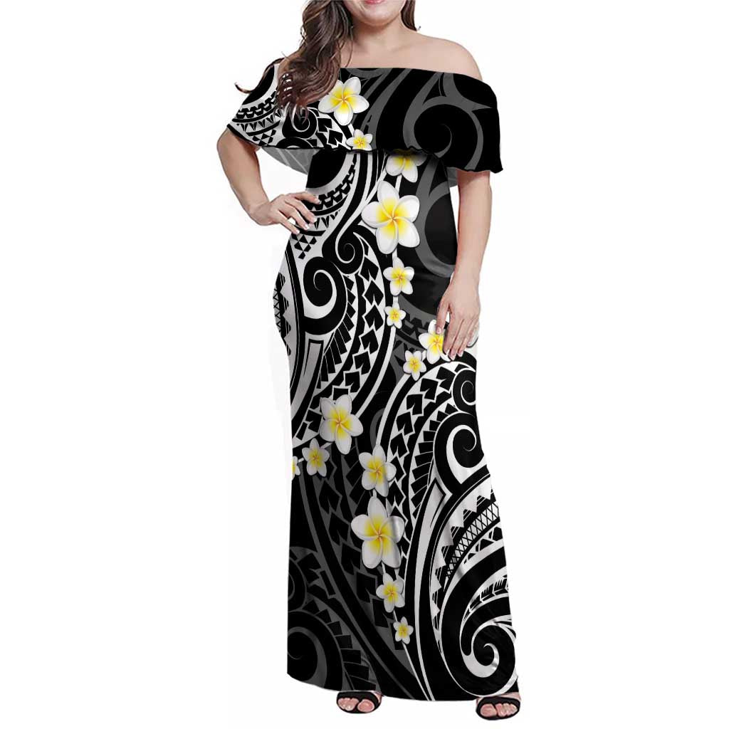 Plumeria With Black Polynesian Tattoo Pattern Family Matching Off Shoulder Maxi Dress and Hawaiian Shirt LT05 Mom's Dress Black - Polynesian Pride