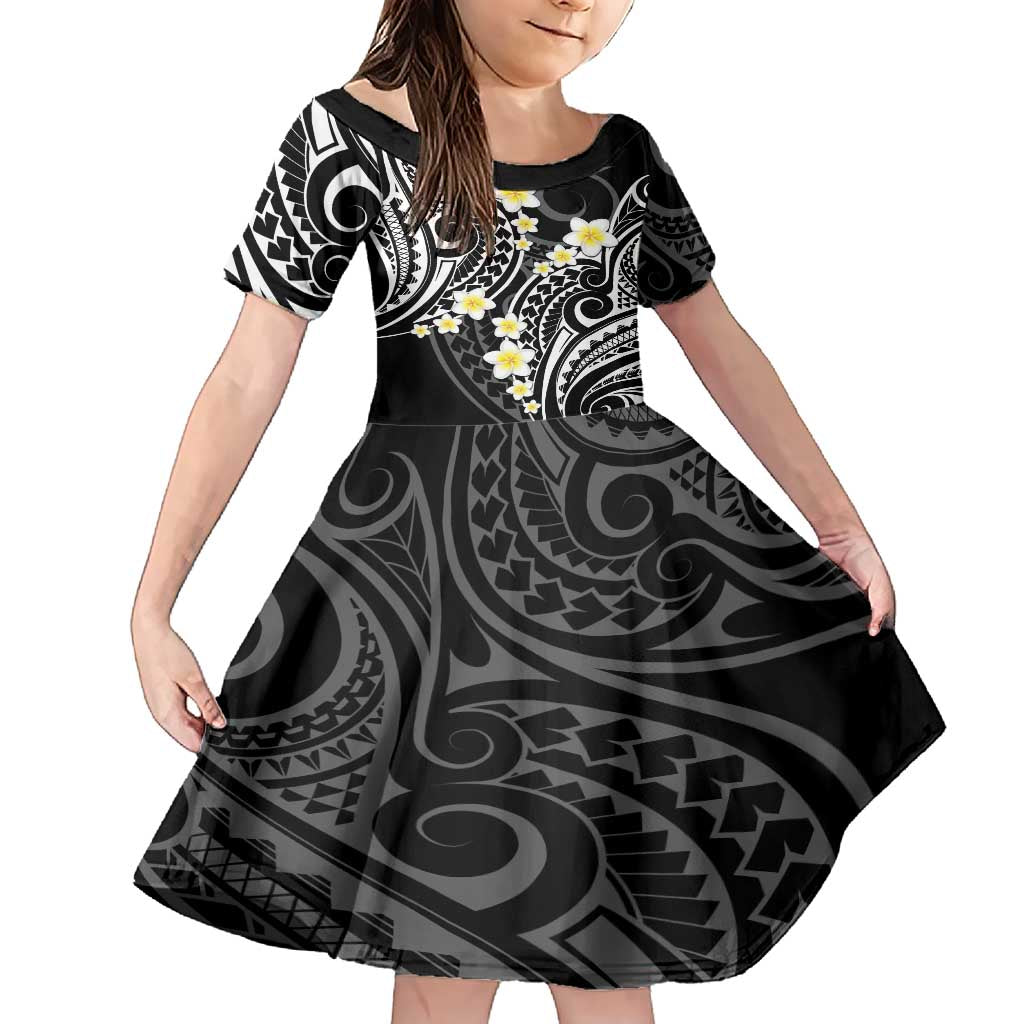 Plumeria With Black Polynesian Tattoo Pattern Family Matching Short Sleeve Bodycon Dress and Hawaiian Shirt LT05 Daughter's Dress Black - Polynesian Pride