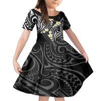Plumeria With Black Polynesian Tattoo Pattern Family Matching Short Sleeve Bodycon Dress and Hawaiian Shirt LT05 Daughter's Dress Black - Polynesian Pride