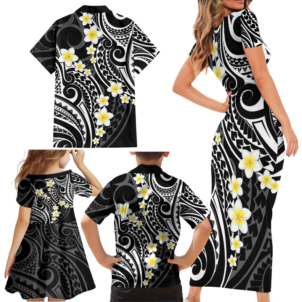 Plumeria With Black Polynesian Tattoo Pattern Family Matching Short Sleeve Bodycon Dress and Hawaiian Shirt LT05 - Polynesian Pride