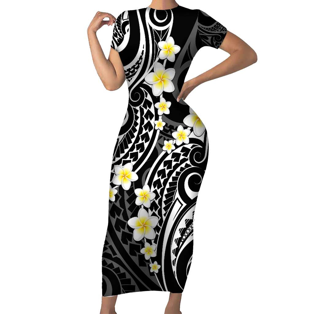 Plumeria With Black Polynesian Tattoo Pattern Family Matching Short Sleeve Bodycon Dress and Hawaiian Shirt LT05 Mom's Dress Black - Polynesian Pride