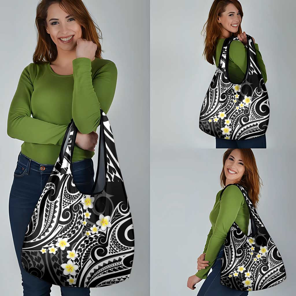Plumeria With Black Polynesian Tattoo Pattern Grocery Bag