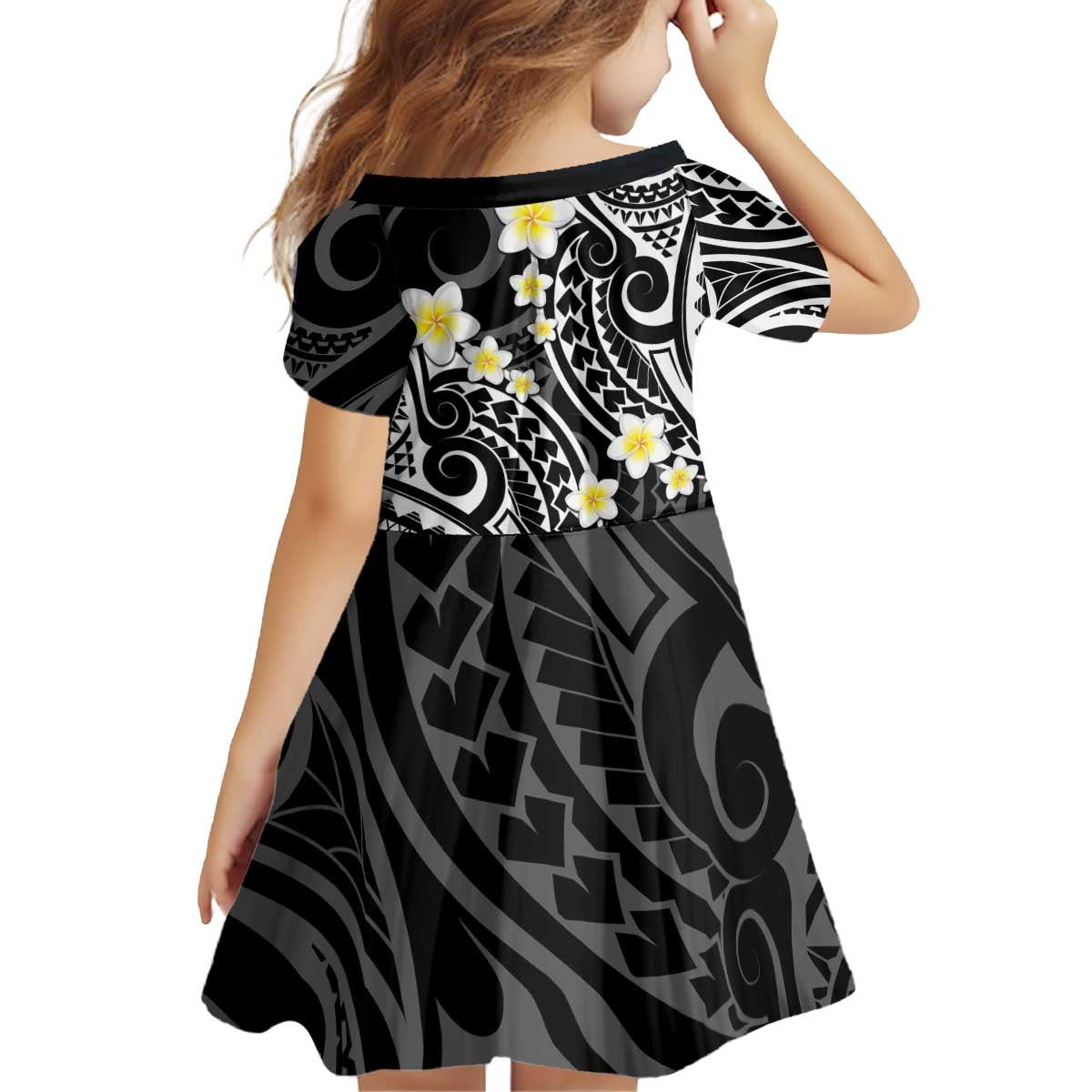Plumeria With Black Polynesian Tattoo Pattern Kid Short Sleeve Dress LT05 - Polynesian Pride