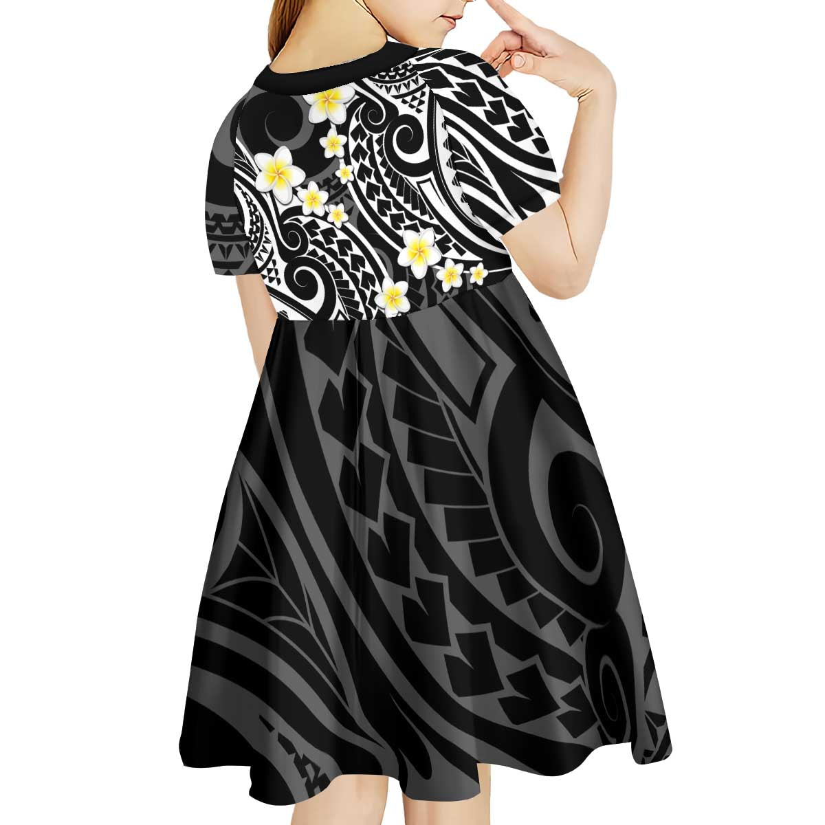 Plumeria With Black Polynesian Tattoo Pattern Kid Short Sleeve Dress LT05 - Polynesian Pride