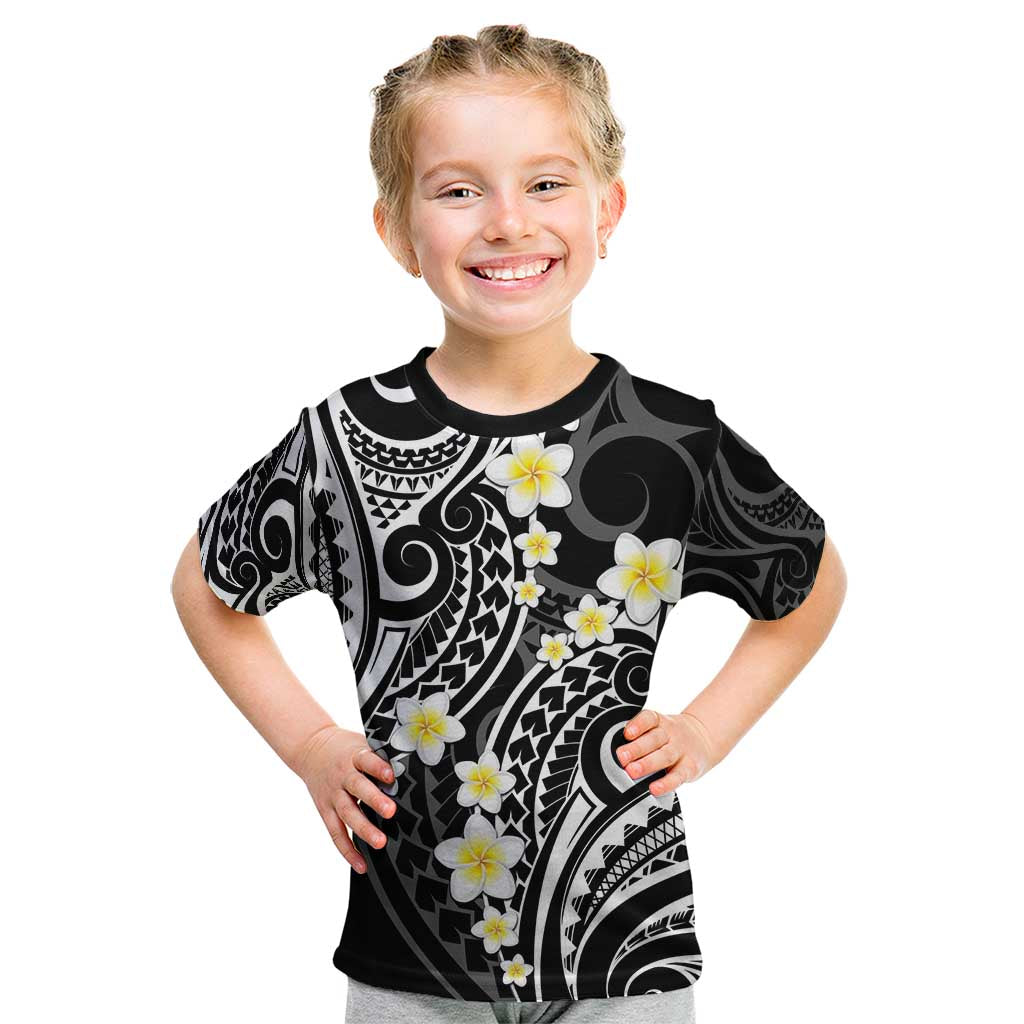Plumeria With Black Polynesian Tattoo Pattern Kid T Shirt LT05 Black - Polynesian Pride