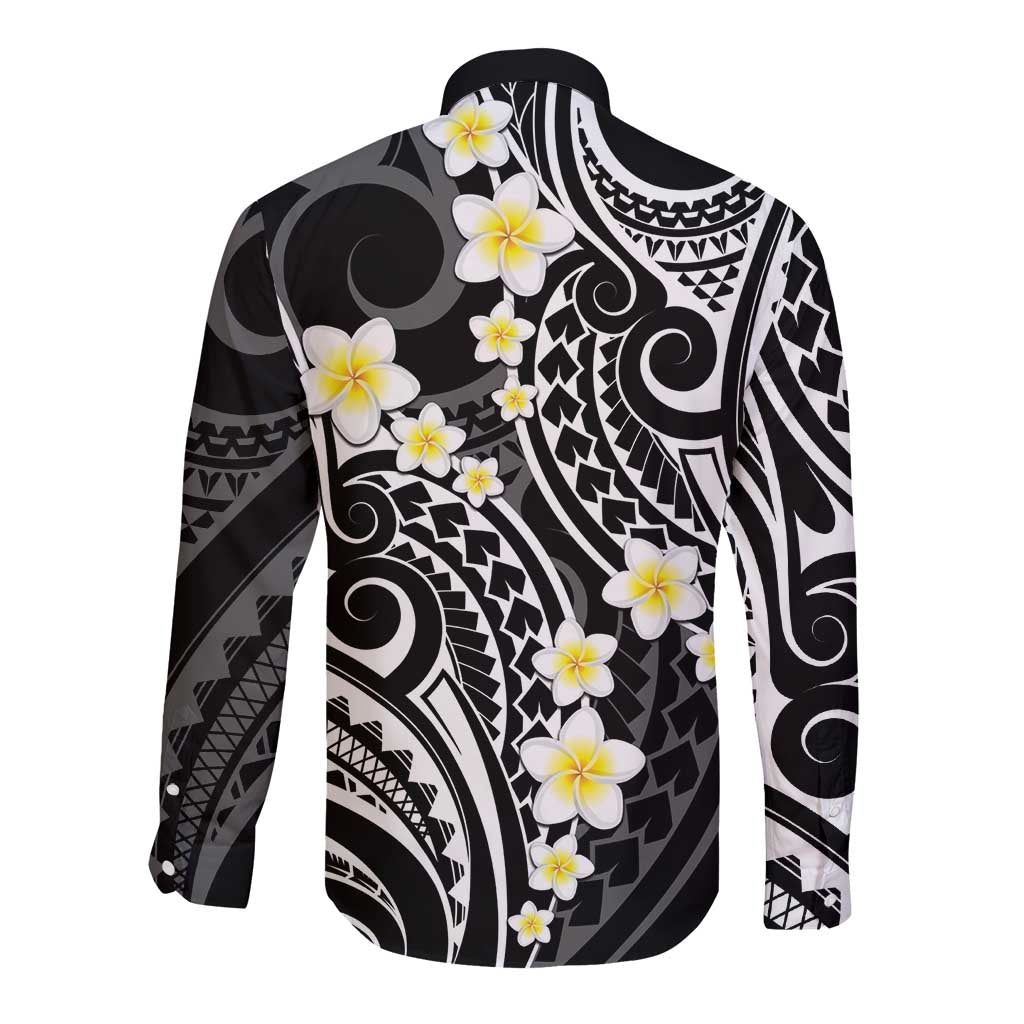 Plumeria With Black Polynesian Tattoo Pattern Long Sleeve Button Shirt