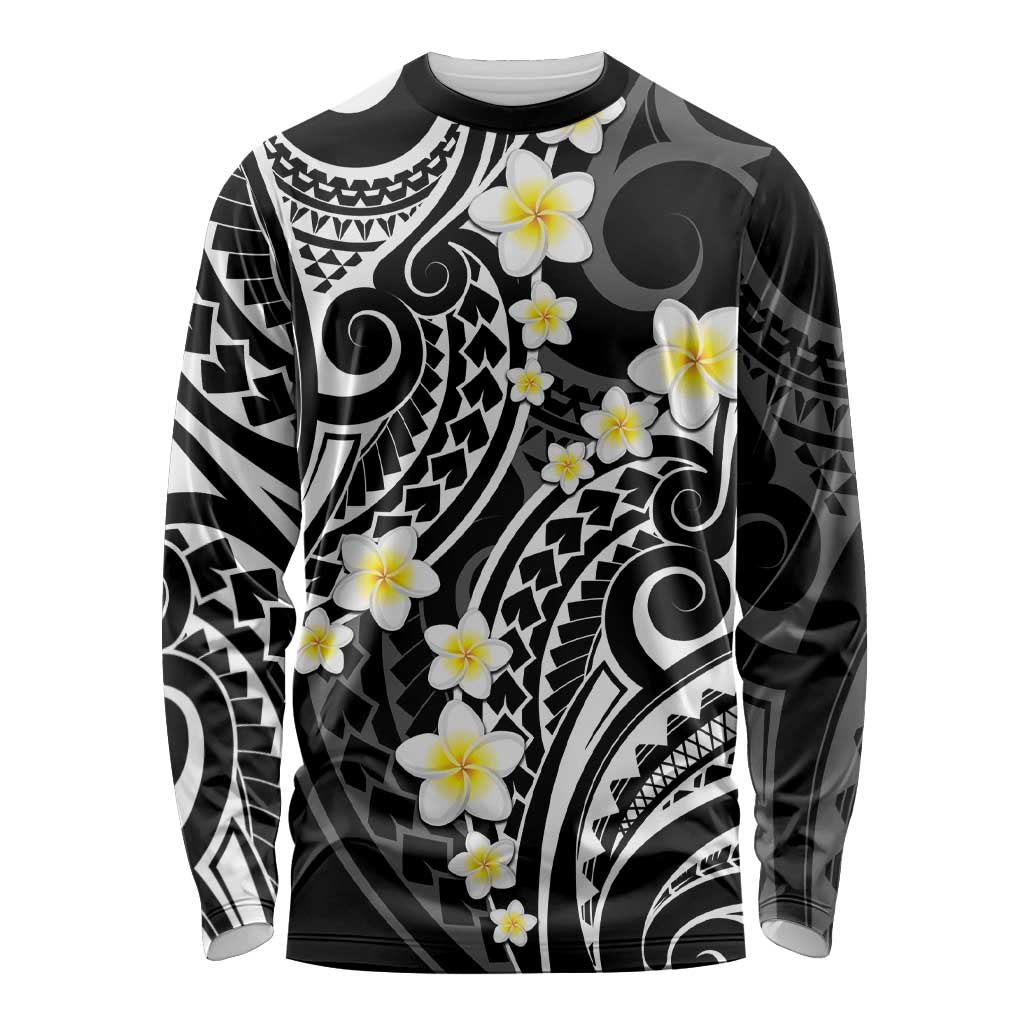 Plumeria With Black Polynesian Tattoo Pattern Long Sleeve Shirt LT05 Unisex Black - Polynesian Pride