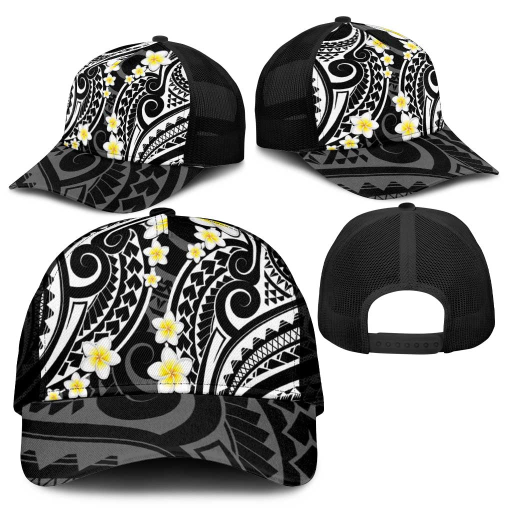 Plumeria With Black Polynesian Tattoo Pattern Mesh Trucker Cap - Polynesian Pride