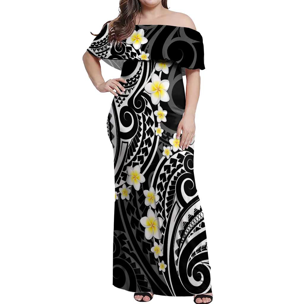 Plumeria With Black Polynesian Tattoo Pattern Off Shoulder Maxi Dress