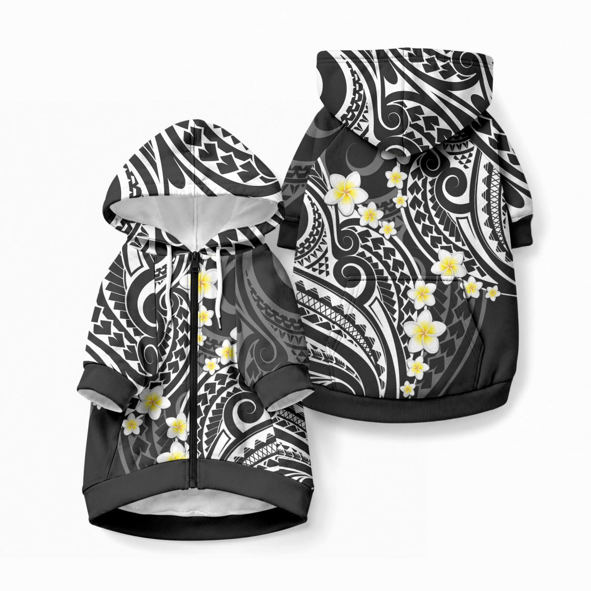 Plumeria With Black Polynesian Tattoo Pattern Pet Hoodie