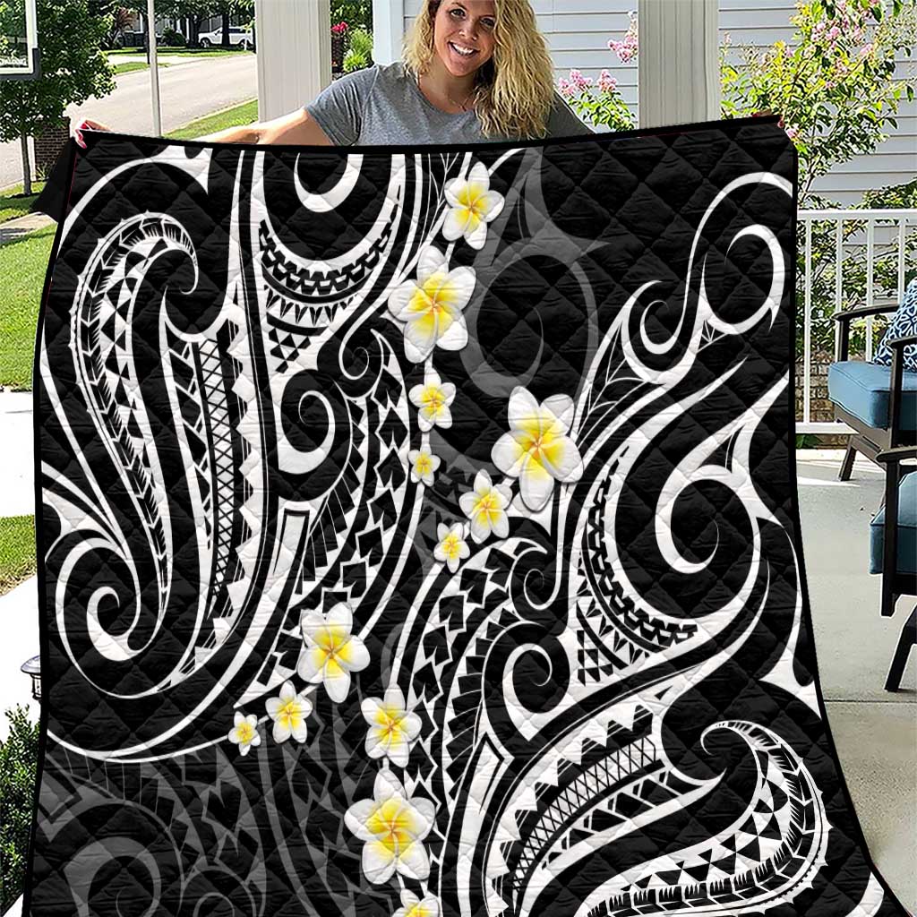 Plumeria With Black Polynesian Tattoo Pattern Quilt LT05 Black - Polynesian Pride