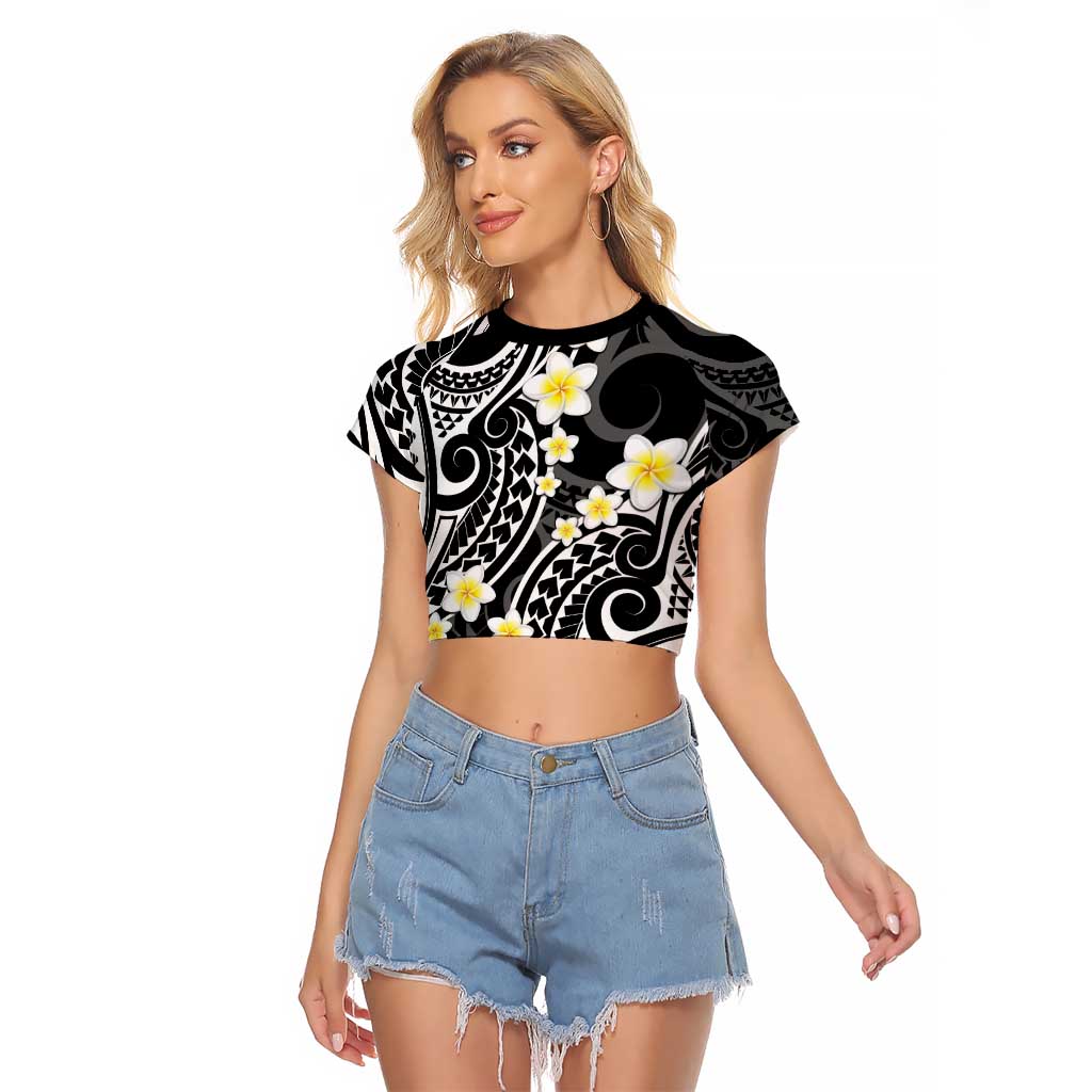 Plumeria With Black Polynesian Tattoo Pattern Raglan Cropped T Shirt LT05 Female Black - Polynesian Pride