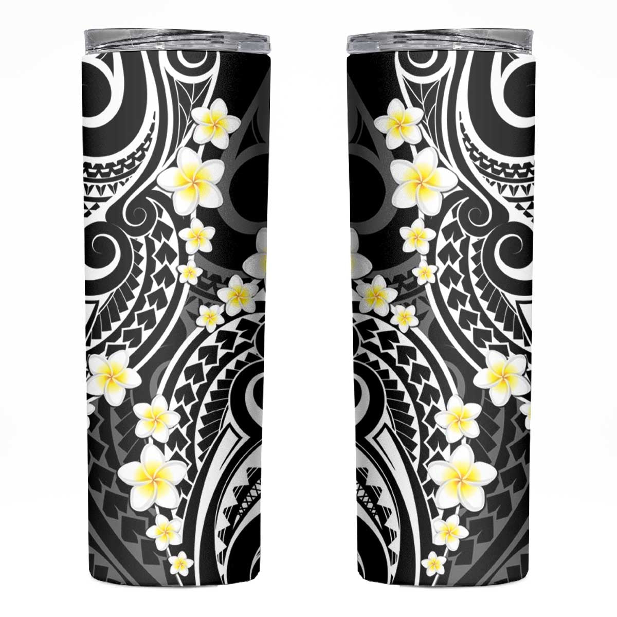 Plumeria With Black Polynesian Tattoo Pattern Skinny Tumbler