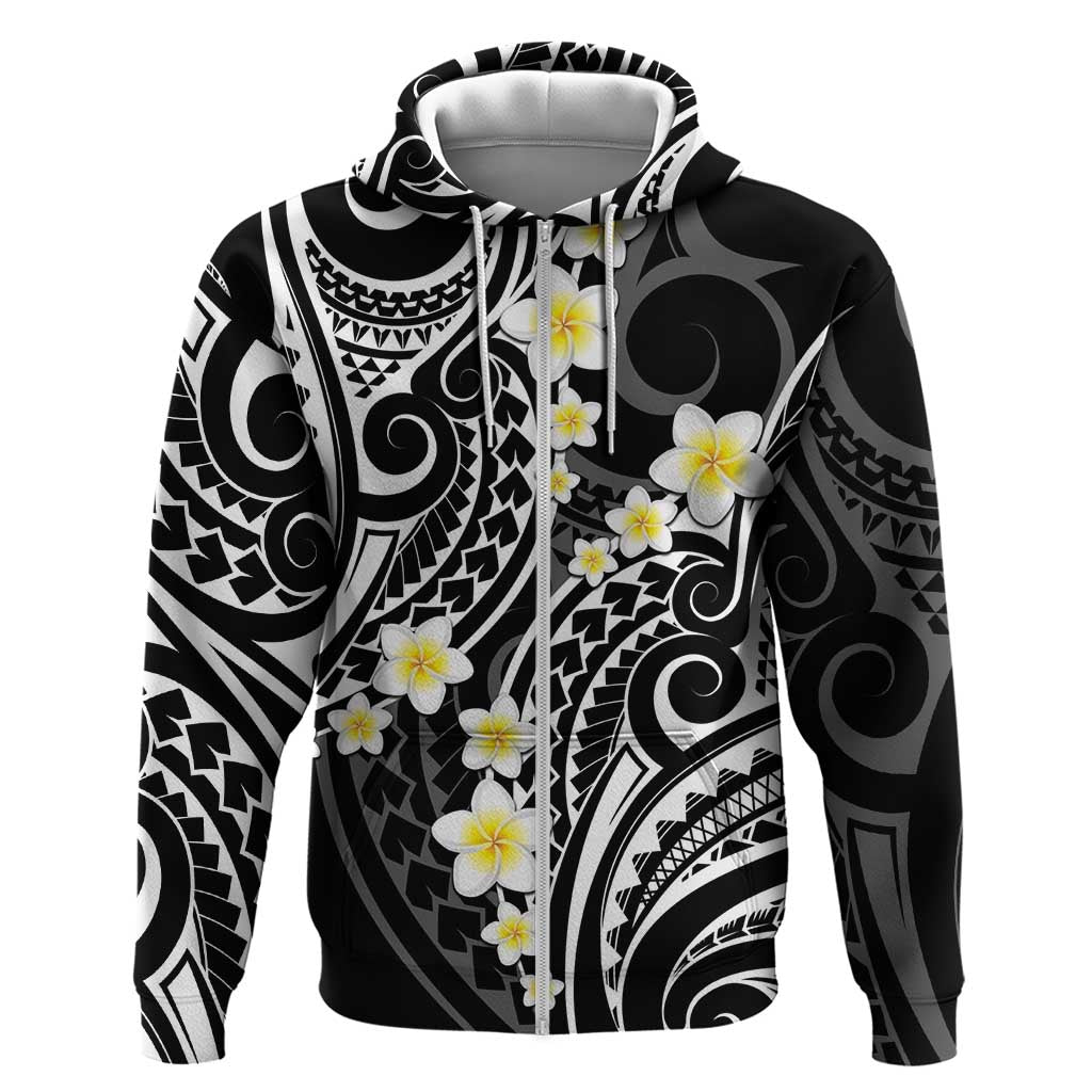 Plumeria With Black Polynesian Tattoo Pattern Zip Hoodie