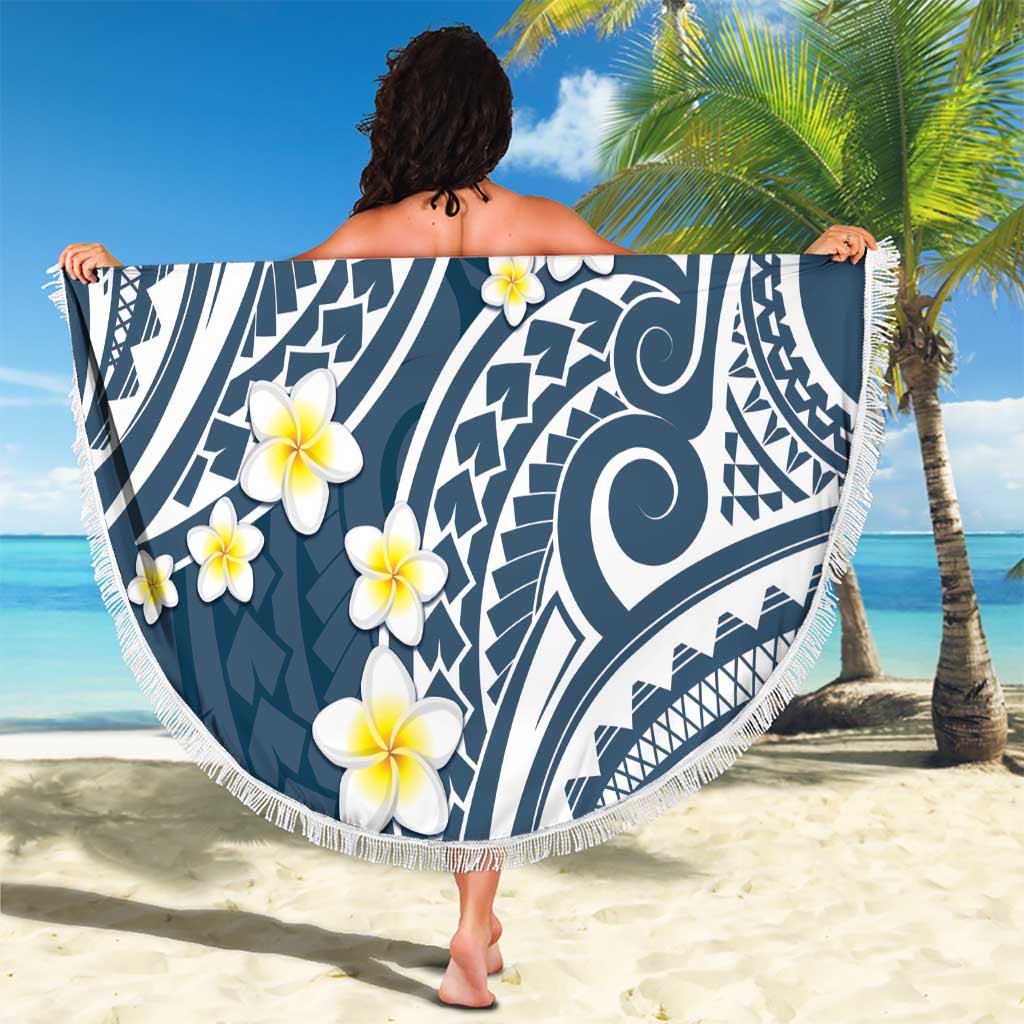 Plumeria With Blue Polynesian Tattoo Pattern Beach Blanket