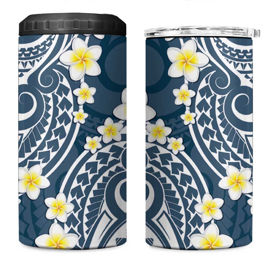 Plumeria With Blue Polynesian Tattoo Pattern 4 in 1 Can Cooler Tumbler