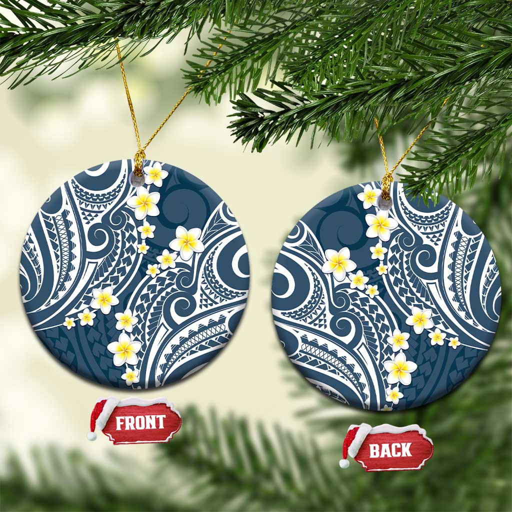 Plumeria With Blue Polynesian Tattoo Pattern Ceramic Ornament