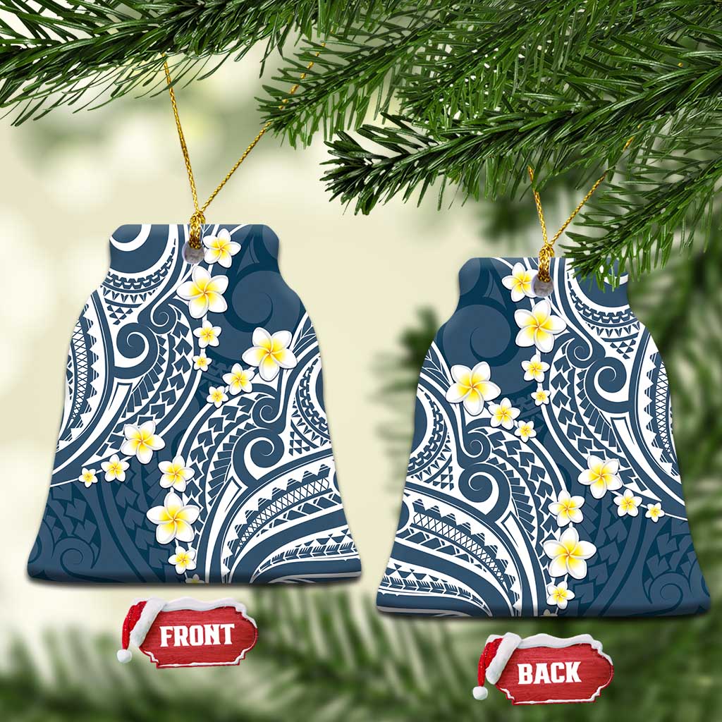 Plumeria With Blue Polynesian Tattoo Pattern Ceramic Ornament