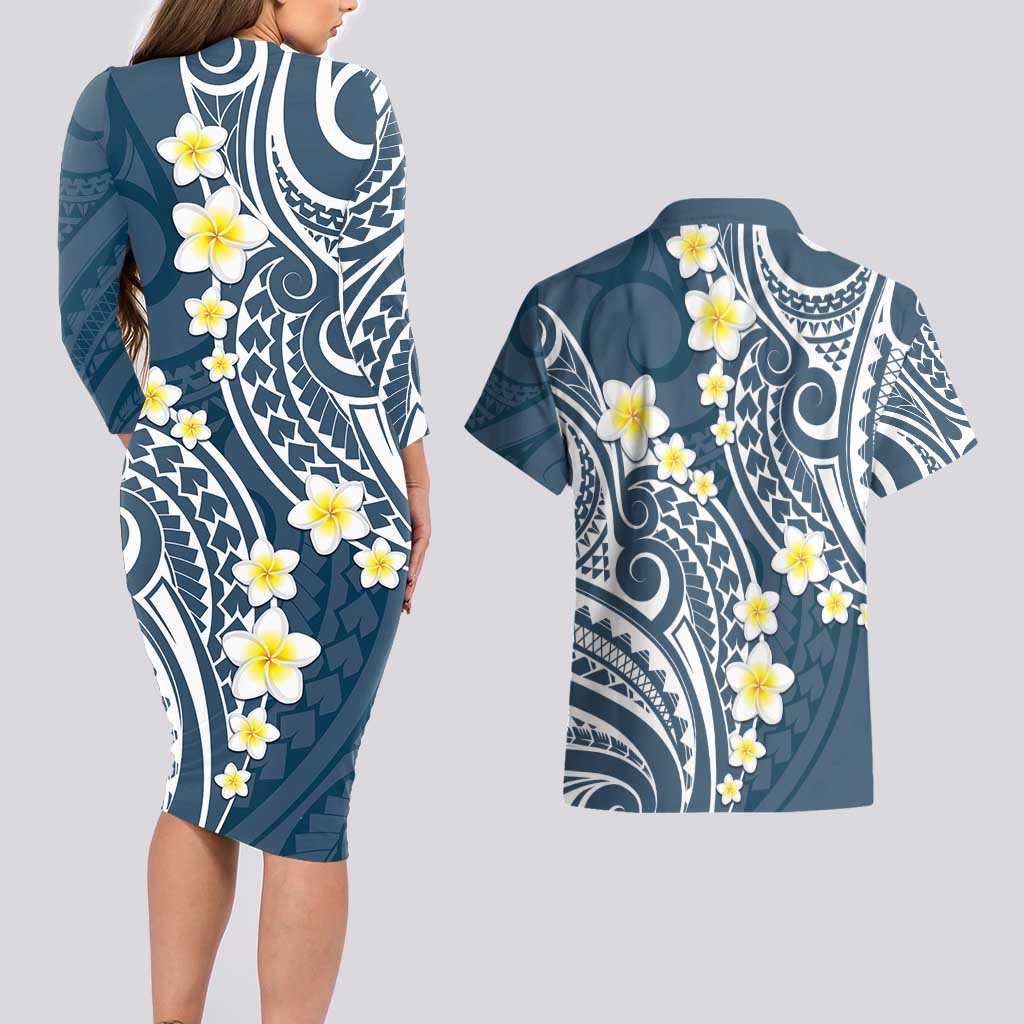 Plumeria With Blue Polynesian Tattoo Pattern Couples Matching Long Sleeve Bodycon Dress and Hawaiian Shirt