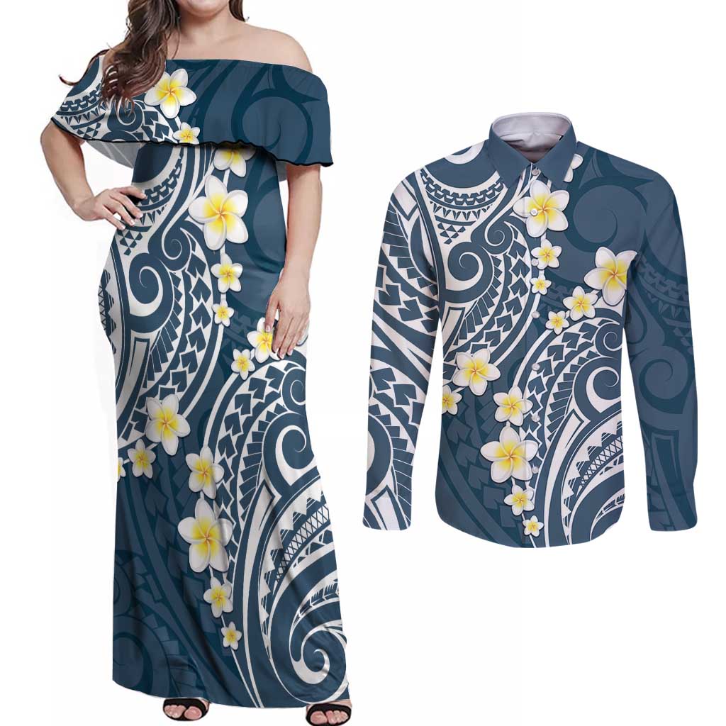 Plumeria With Blue Polynesian Tattoo Pattern Couples Matching Off Shoulder Maxi Dress and Long Sleeve Button Shirt